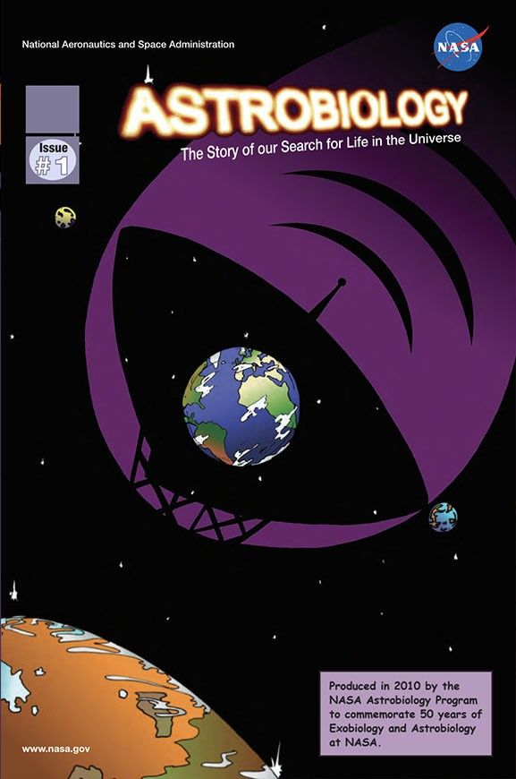The edge of an orange exoplanet is seen in bottom left. Behind a field of stars reveals the silhouette of a ground-based telescope. Against the telescope shape floats the Earth. Smaller exoplanets can be seen in the background.
